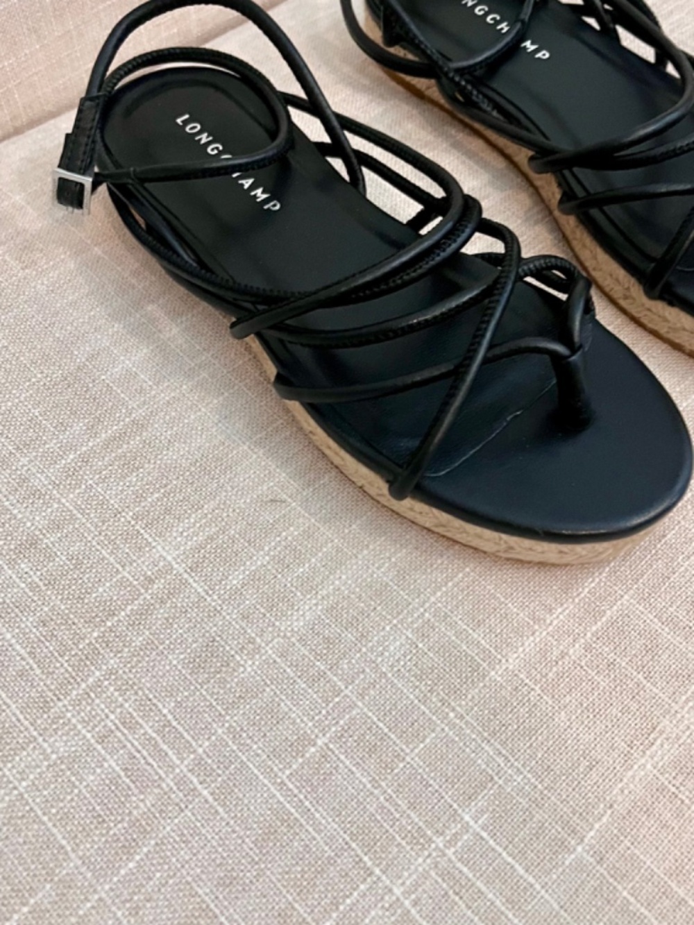 New - Longchamp Black Leather Strappy Espadrille Flat Sandals